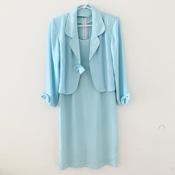 Vintage Blazer Jacket Bow Mint Green Blue Cropped - Picture 5 of 5